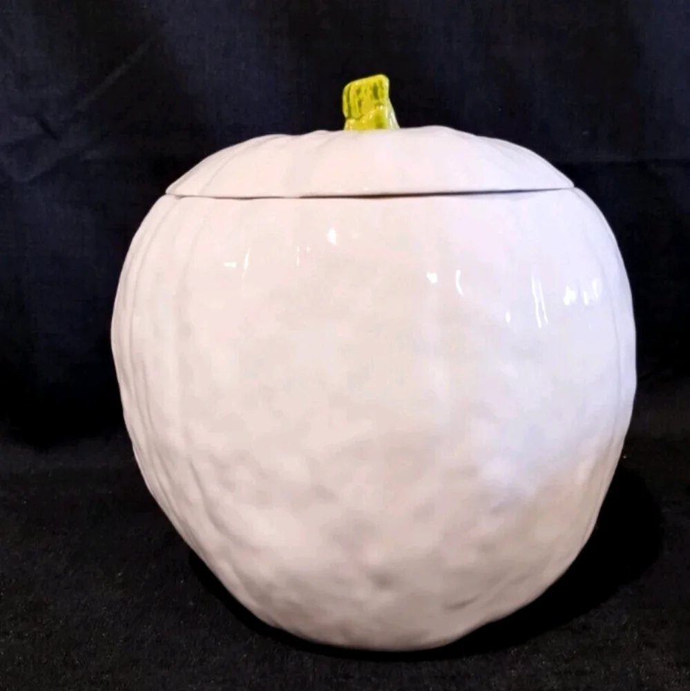 Vintage Ceramic Hand Made Glossy White Pumpkin Cookie Jar Realistic Signed Chris
